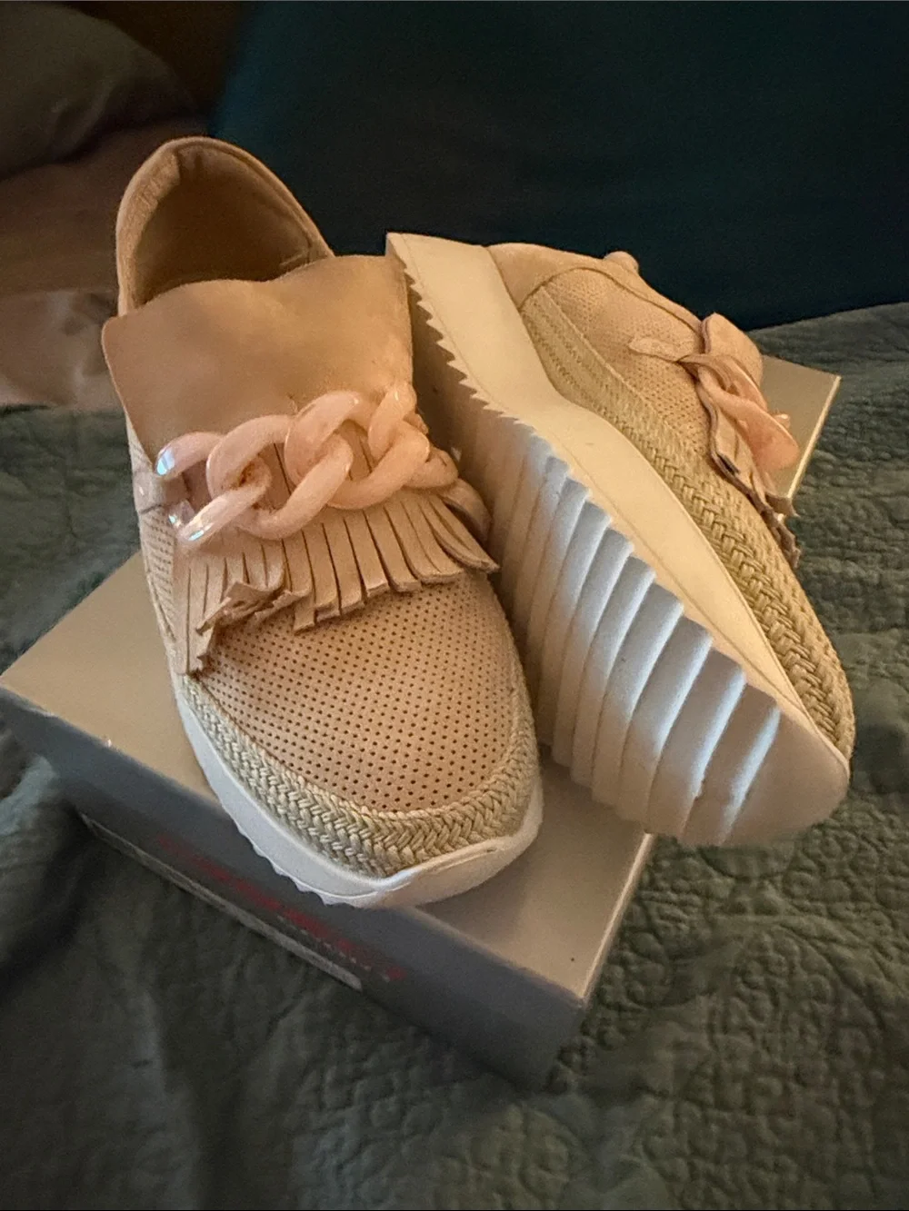 Vaneli Pink Beige Fringe Slip-On Sneakers with Decorative Chain